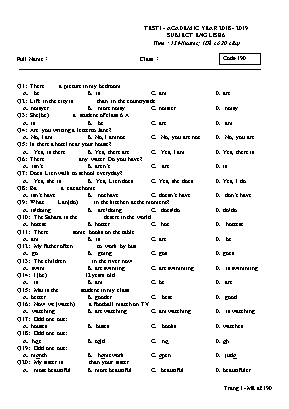 Đề kiểm tra 15 phút môn Tiếng Anh Lớp 6 - Mã đề 190 - Năm học 2018-2019